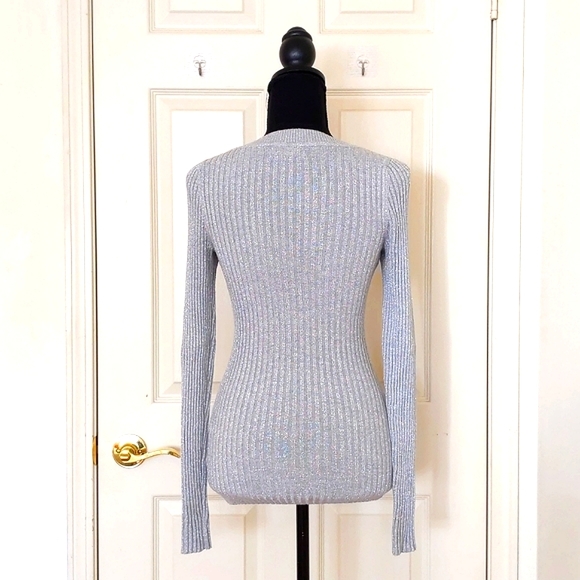 NWOT.Express Rayon Blended Stretch V-Neck Stripes Grey/Silver Sparkle Sweater - Picture 2 of 4